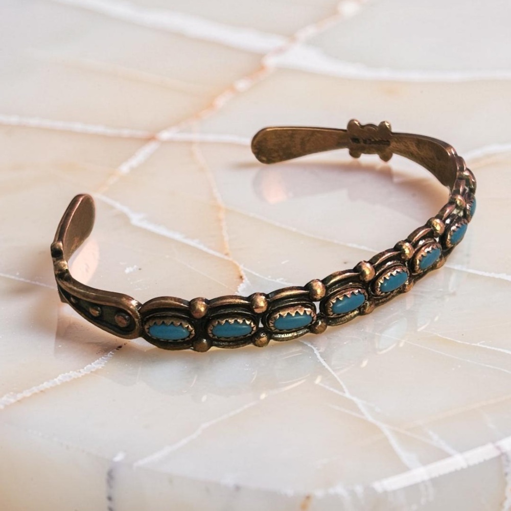 Vintage Native Genuine Turquoise Copper Signed Cuff Bracelet